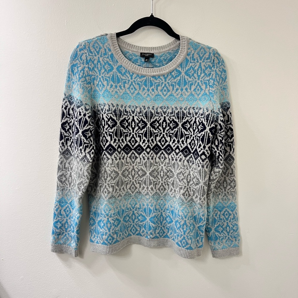 Talbots Blue and Gray Patterned Crew Neck Sweater